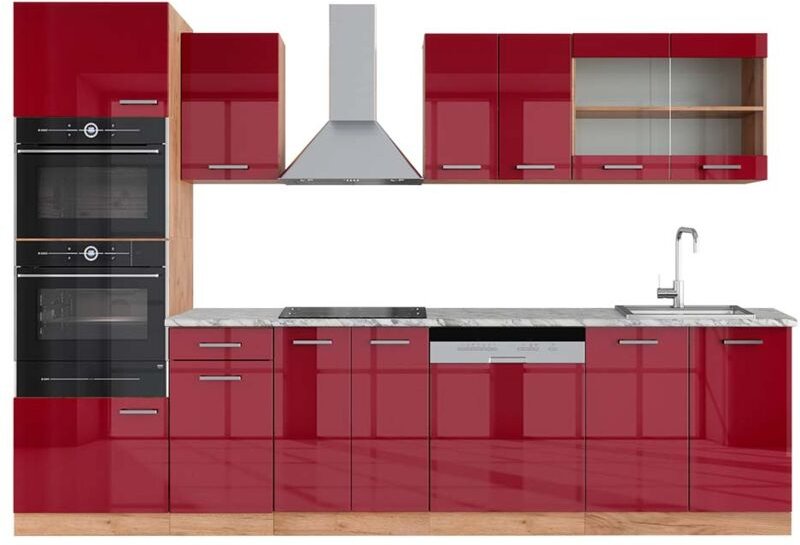 Küchenzeile R-Line, Bordeaux Hochglanz/Goldkraft Eiche, 300 cm mit Hochschrank, AP Marmor, Vicco