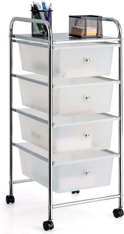 Rollwagen mit 4 stapelbaren Schubladen, Schubladenwagen Rollcontainer mit Metallgestell und Ablagefläche, Badrollwagen A...