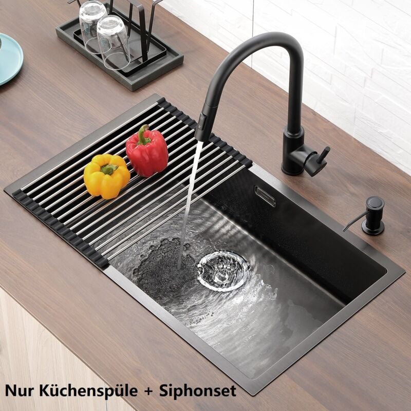 Edelstahl Küchenspüle 74x44x20cm Einzelbecken Spülbecken Waschbecken mit Siphon, Überlauf und Ablaufgarnitur, Geeignet f...