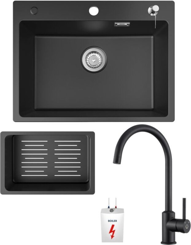 Cecipa Max - Küchenspüle 60x45cm Granitspüle Anthrazitschwarz Mit Seifenspender + Niederdruck-Küchenarmatur Schwarz Hohe...