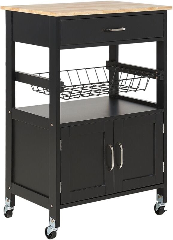 Servierwagen Schwarz und Heller Holzfarbton aus Holz mit Rollen Schublade Unterschrank für Küche Esszimmer Wohnzimmer