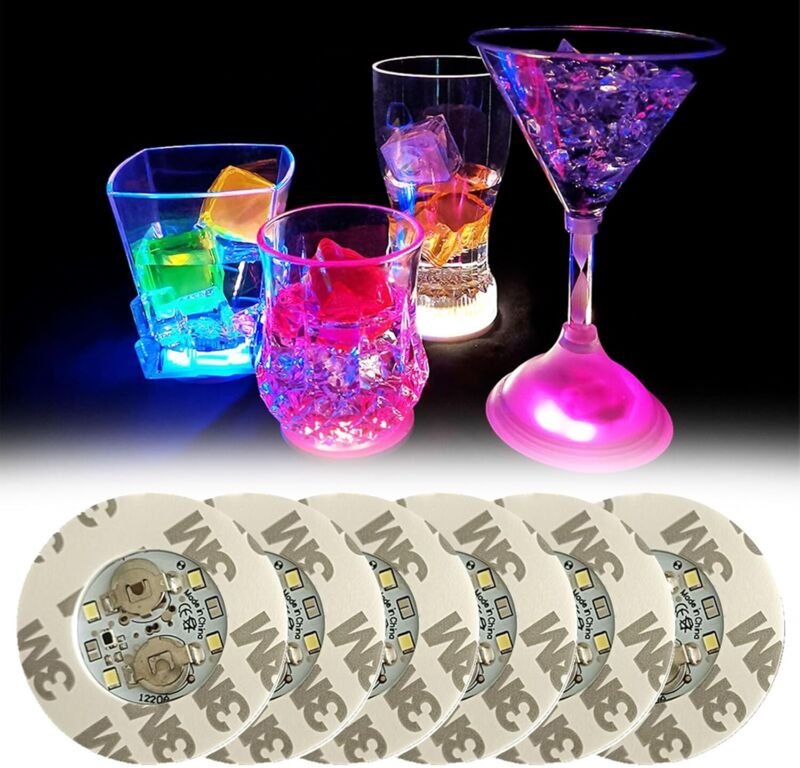 6 Stück LED-Untersetzer, leuchtende Untersetzer, LED-Untersetzer, selbstklebende LED-Untersetzer, drei bunte Abschnitte,...