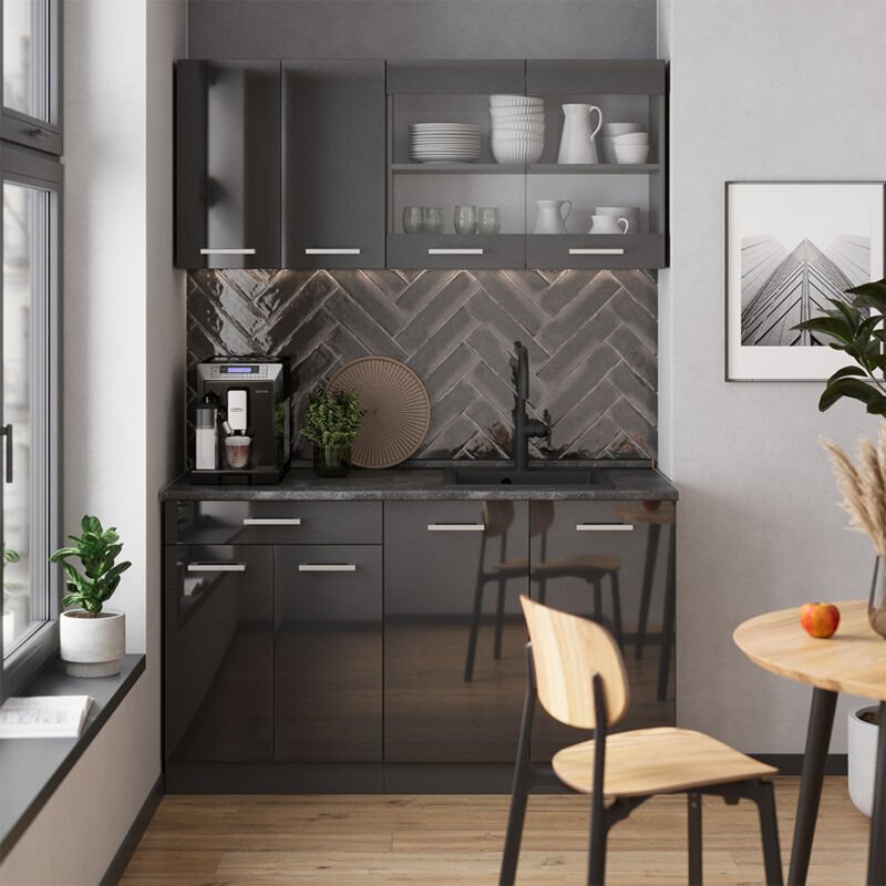 Vicco - Singleküche R-Line, Anthrazit Hochglanz/Anthrazit, 140 cm , ap Marmor