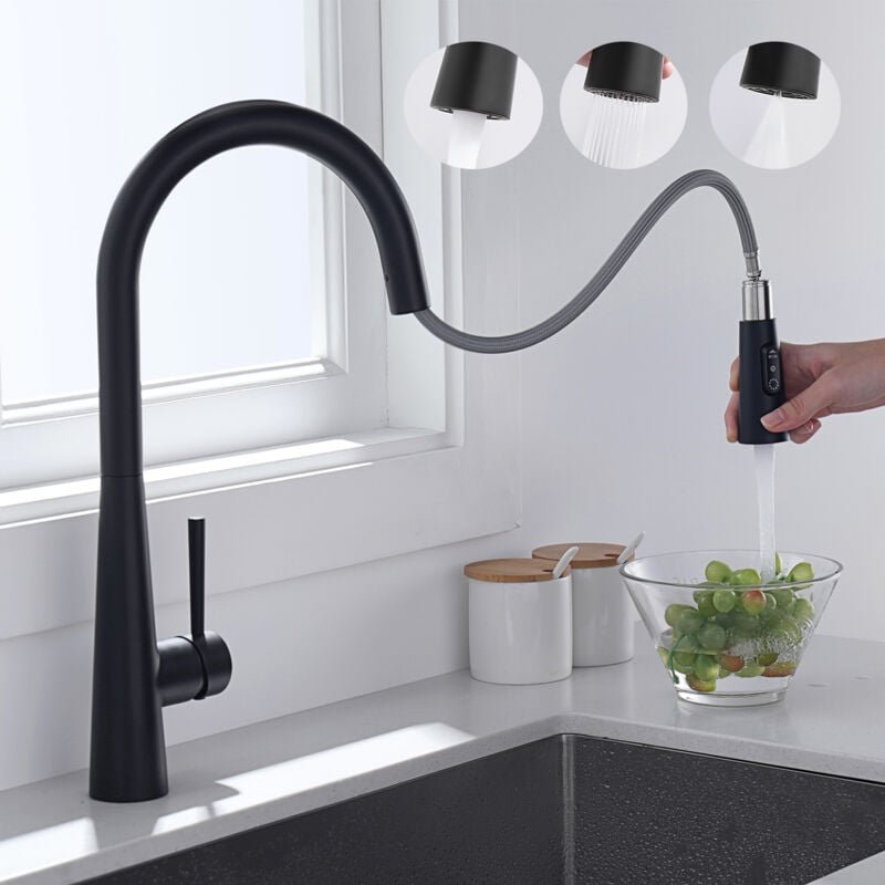 Thumbnail - Küchenmischbatterie mit 3 Wasserauslassmodi, schwarzer Spültisch-Mischhahn aus Edelstahl, Küchenarmatur mit ausziehbarer...