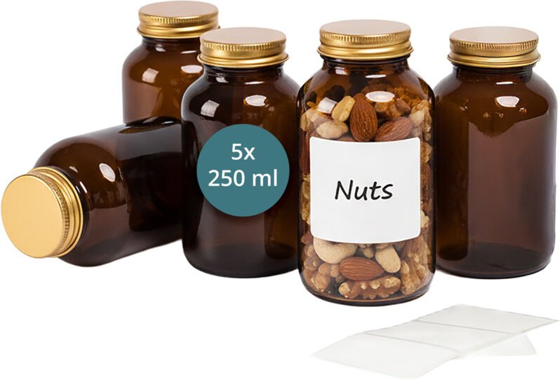 Relaxdays Braungläser, 5er Set, 250 ml, mit Deckel & Etiketten, Kräutergläser Medizin, Gewürze, Vorratsdosen, braun/gold