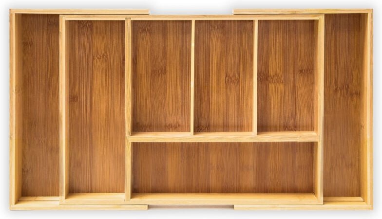 Relaxdays - Besteckkasten ausziehbar, HxBxT:5x48,5x28cm, Bambus, 5-7 Fächer, Küchenorganizer, Schubladeneinsatz, natur
