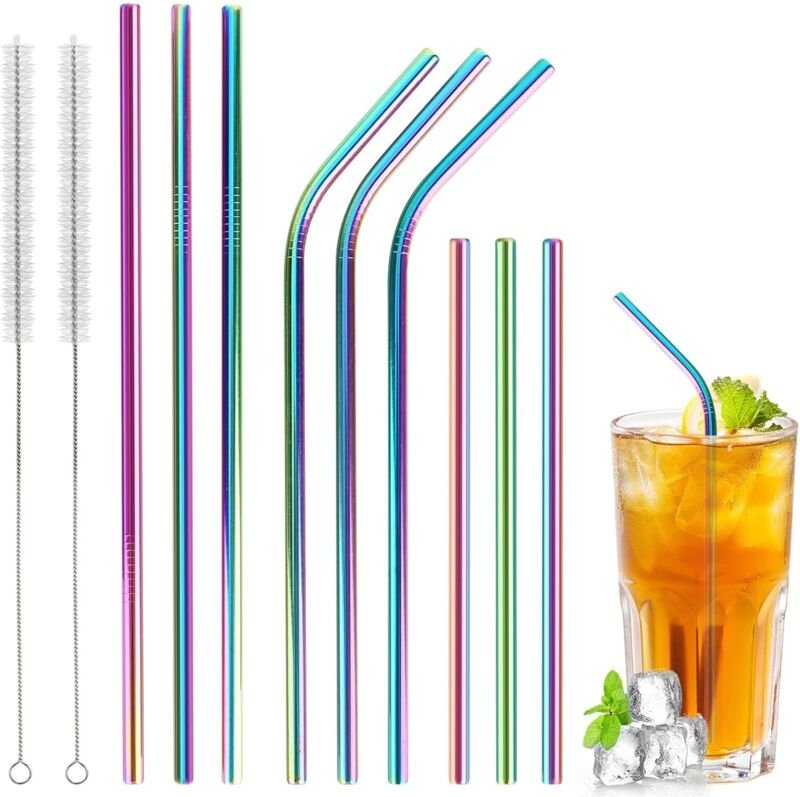 Set mit 12 wiederverwendbaren, mehrfarbigen Edelstahlstrohhalmen, 2 Reinigungsbürsten, 1 Aufbewahrungsbeutel, Metallstro...