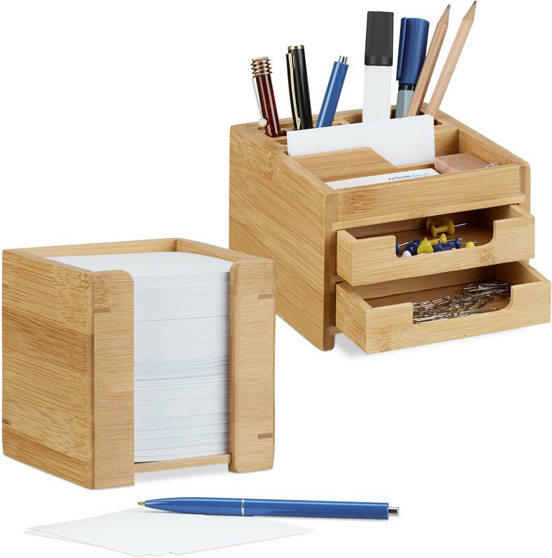 Relaxdays - 2 tlg. Schreibtisch Set, Schreibtisch-Organizer mit Stiftehalter und Schubladen, Zettelbox mit Notizzetteln,...
