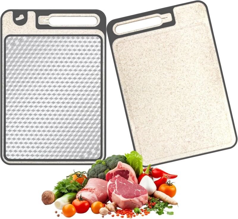2-in-1 Schneidebrett 37 x 25 cm – Doppelseitig Edelstahl 304 & PP, Rutschfest mit Reibe- und Messerschärfer-Zone
