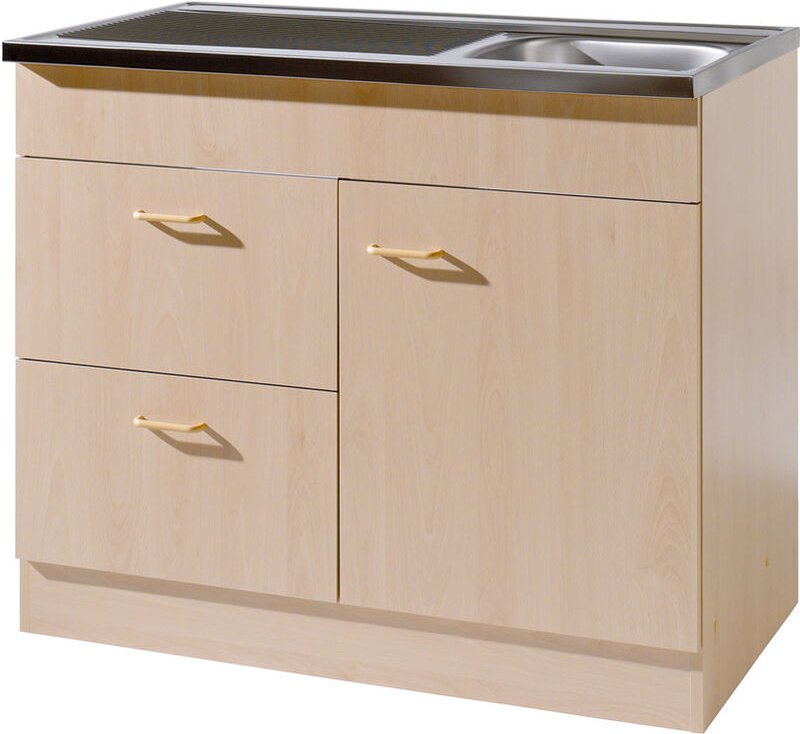 Küchen-Spülenschrank 100 cm mit Auflagespüle und Siphon SALERNO-03 Buche Dekor b/h/t 100x85x50cm