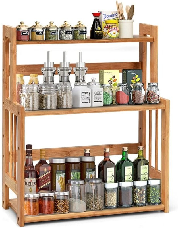 Gewürzregal mit 3 Etagen, Gewürzstaender aus Bambus, Küchen Organizer mit VerstellbarerAblage, Gewürzstaender für Ordnun...