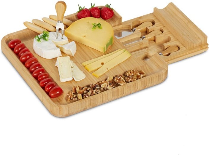 Relaxdays - Käsebrett mit Käsemesser Set, hbt: 4 x 33 x 33 cm, Bambus Käseplatte mit Schublade, 4-tlg. Käsebesteck, natu...