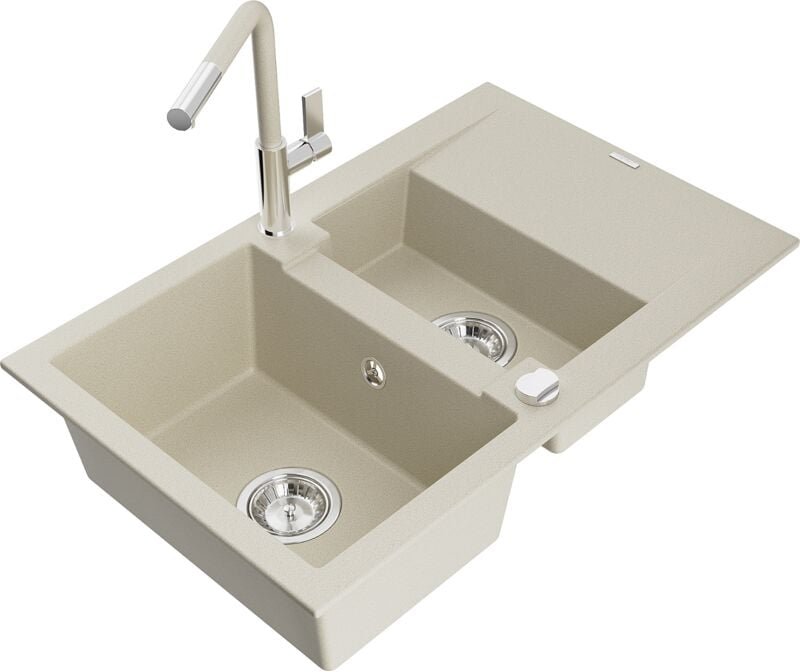 Gaspar 1,5-Becken-Granitspüle mit Abtropffläche und Mischbatterie Flora, Beige - 6507-69-67040 - Mexen