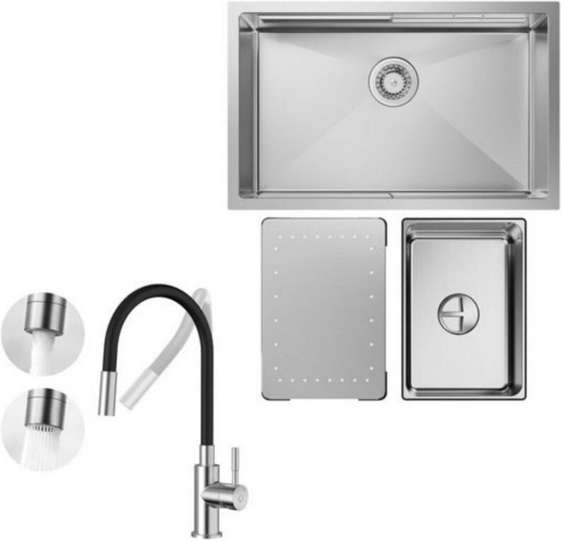 Küchenspüle 1.5 Becken 70x44cm EdelstahlSpüle Gebürstete Unterbauspüle + Universeller Küchenarmatur Gebürstete Küche Was...