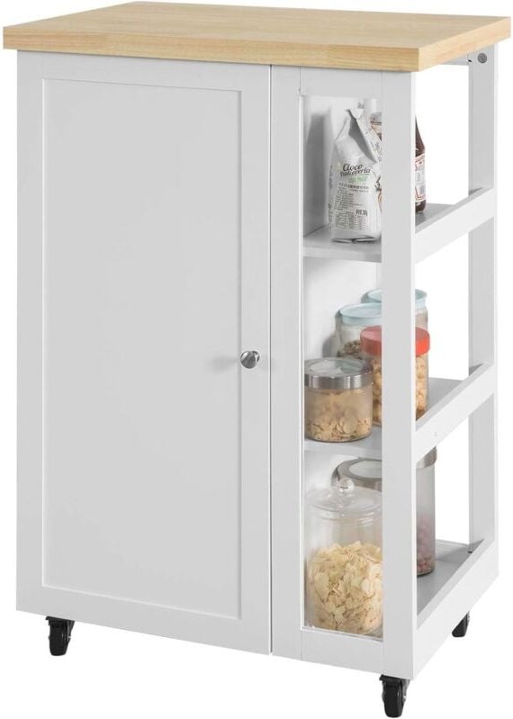 FKW75-WN Küchenwagen Servierwagen Beistellwagen Rollwagen mit 1 Tür und 3 Regalböden Weiß-Natur bht ca.: 60x90x40cm - So...