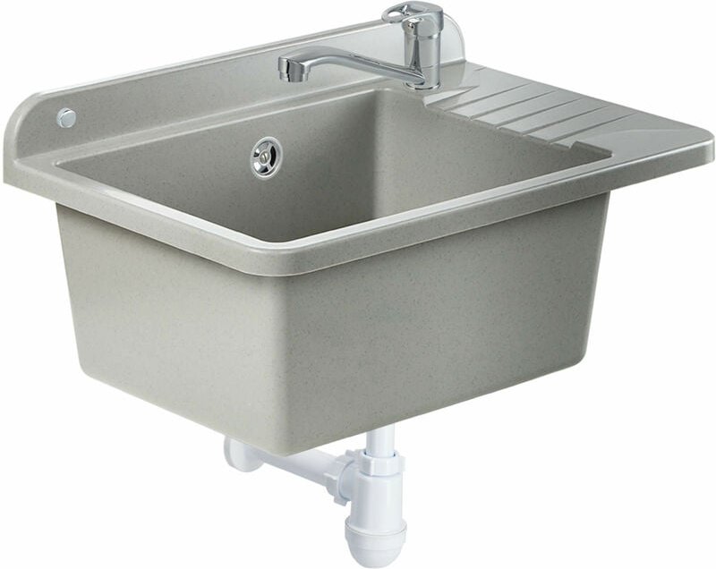 Gospo Ausgussbecken aus Polypropylen, 50,4 x 34 x 26,5 cm, Spülbecken mit Armatur, Siphon und Montag