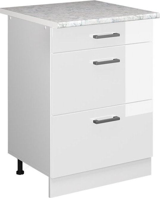 Vicco - Küchenunterschrank R-Line, Weiß Hochglanz, 60 cm mit Schubladen, ap Marmor
