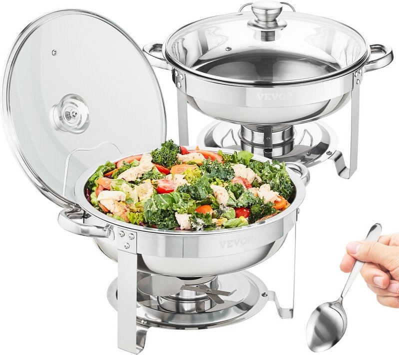 Thumbnail - Vevor 2 Stk. Chafing Dish Profi Set Wärmebehälter Edelstahl + Glas Buffet Set Rund 2 x 3,5 l, 33,5 x 33,5 x 7 cm Jeder B...