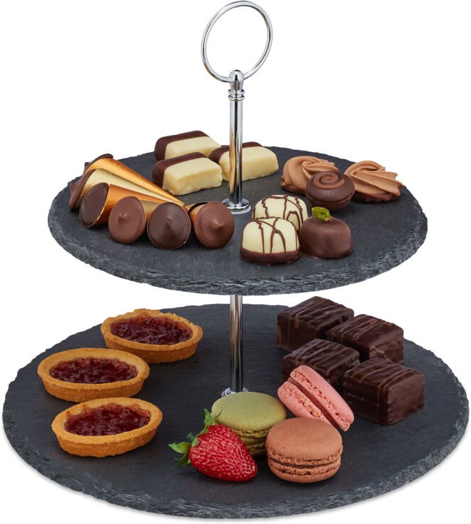 4 x Etagere mit 2 Etagen, Schiefer, Kuchen, Snacks, Obst, Metallgriff, Servierständer, HxD: 23 x 25 cm, anthrazit/silber
