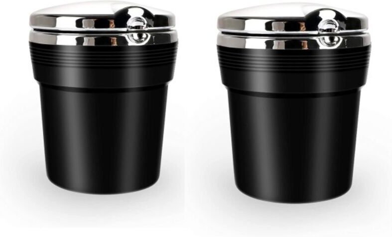 2 tragbare Auto-Aschenbecher aus Edelstahl mit Deckel und LED-Beleuchtung, schwarz