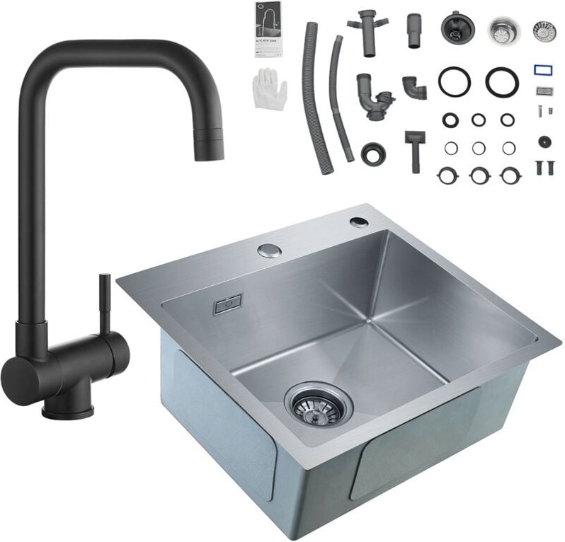 Küchenspüle aus Edelstahl 50 x 45 x 18,5 cm + Hochdruck Wasserhahn für Küche Umklappbar Küchenarmatur Schwarz - Cecipa