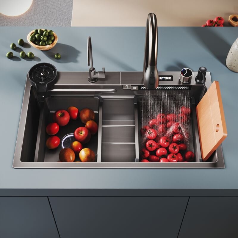 Spülen mit 1 Becken Edelstahlspüle Küchenspüle, Einbeckenspüle mit digitaler Temperaturanzeige, mit Siebkorb, Seifenspen...