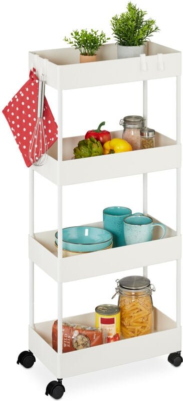 Rollwagen, 4 Ebenen, h x b x t: 93 x 40 x 22 cm, 4 Rollen, Badezimmer, Küche, schmaler Beistellwagen, weiß - Relaxdays