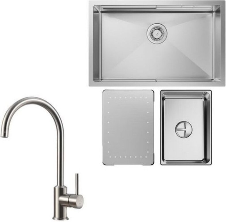 Küchenspüle 1.5 Becken 70x44cm EdelstahlSpüle Gebürstete Unterbauspüle + Hochdruck-Küchenarmatur Gebürstete Küche Wasser...