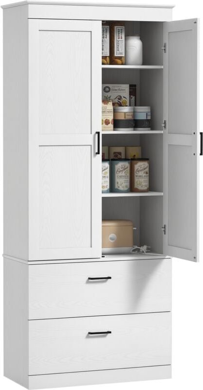 Küchenschrank, Hochschrank mit verstellbaren Regal, Schublade, Buffetschrank Aufbewahrungsschrank mit Landhaus-Stil Vitr...