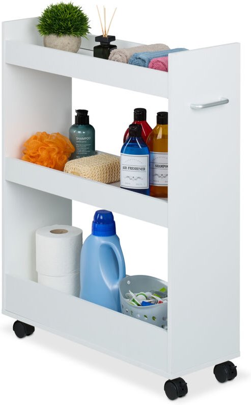 Nischenwagen, 3 Fächer, HxBxT: 78 x 21,5 x 63 cm, Bad und Küche, mdf, schmaler Rollwagen, mit Griff, weiß - Relaxdays