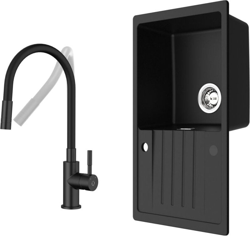 Cecipa Max - Küchenspüle 78x45cm Granitspüle Anthrazitschwarz Mit Abtropffläche + Universeller Küchenarmatur Schwarz Hoh...