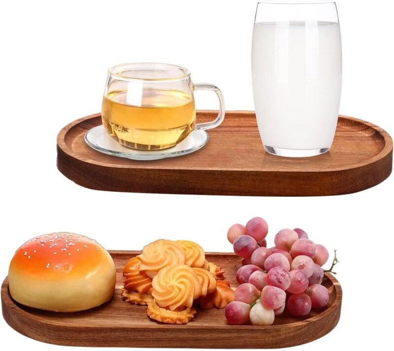 Set aus 2 ovalen Akazienholztabletts mit erhöhtem Rand – zum Kochen, für Desserts, Brot – Naturholz