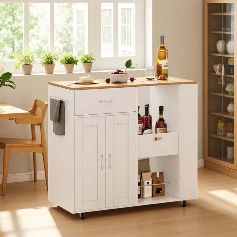 Kücheninsel mit Rollen - 102x46x92 cm - 2 Türen - 1 Schublade - Weiß