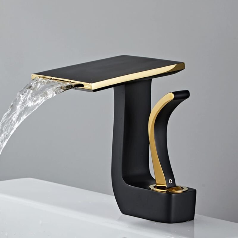 Wasserfall-Waschtischarmatur, Einhebelmischer, Messing (schwarz und gold)