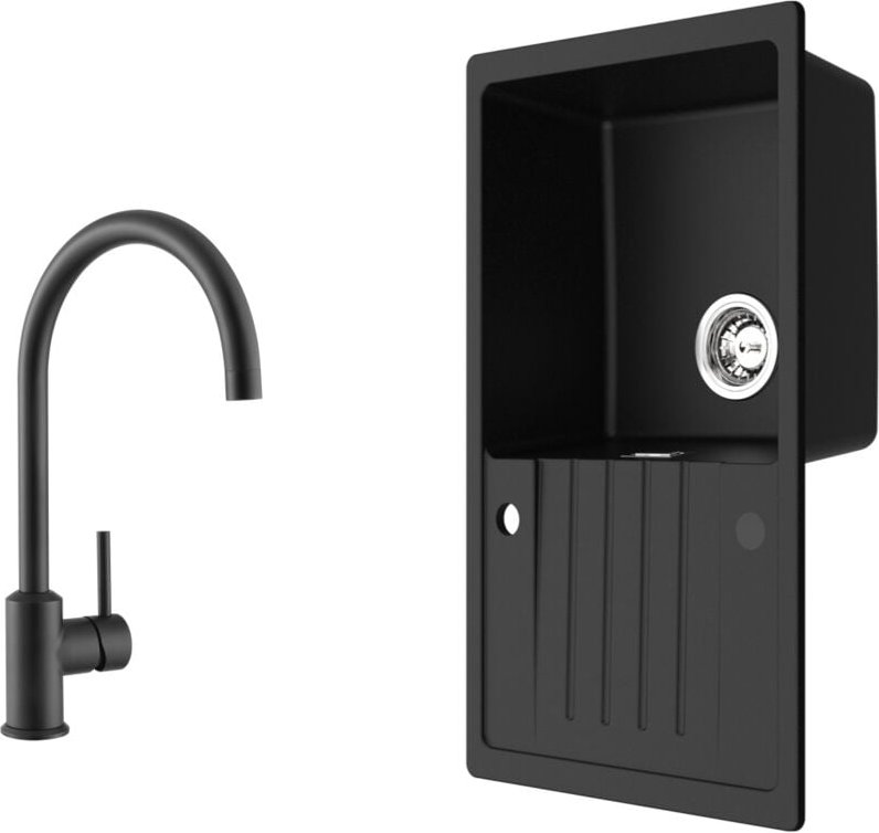 Küchenspüle 78x45cm Granitspüle Anthrazitschwarz Mit Abtropffläche + Hochdruck-Küchenarmatur Schwarz Hohe 363.7MM