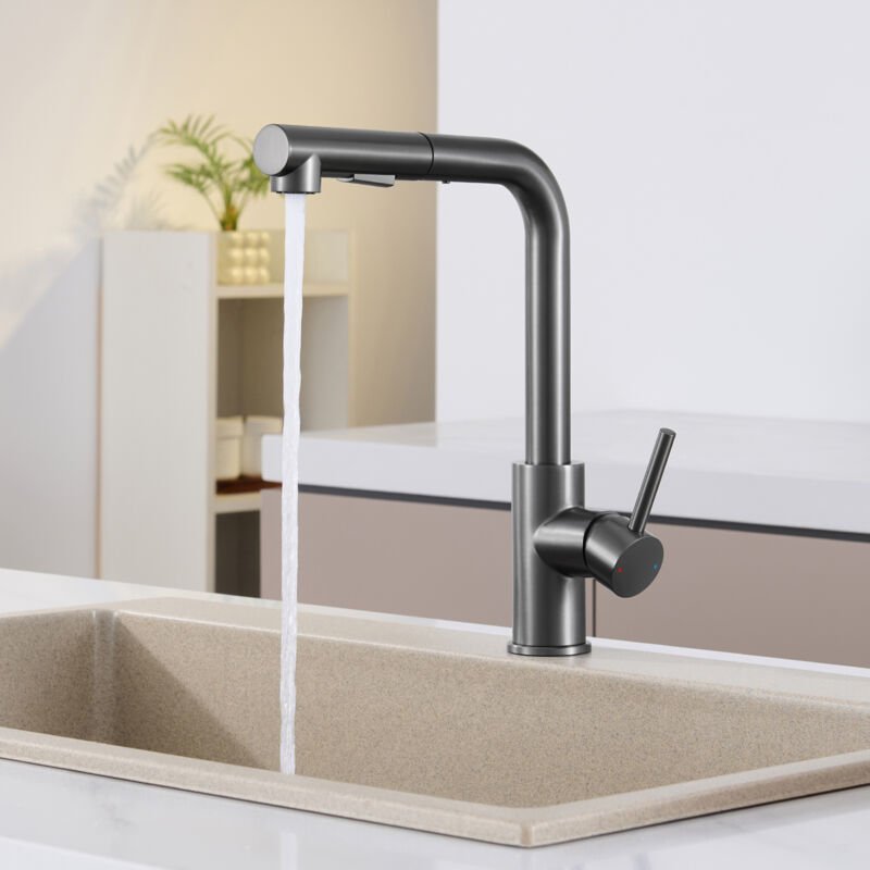 Sofetiy Max Küchenarmatur Ausziehbarer Wasserhahn – 2 Strahlarten, 360° drehbar Hochdruck Mischbatterie Küche, Dunkelgra...