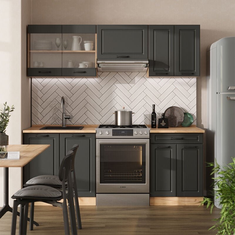 Vicco - Küchenzeile R-Line, Anthrazit Landhaus/Goldkraft Eiche, 200 cm , ap Marmor