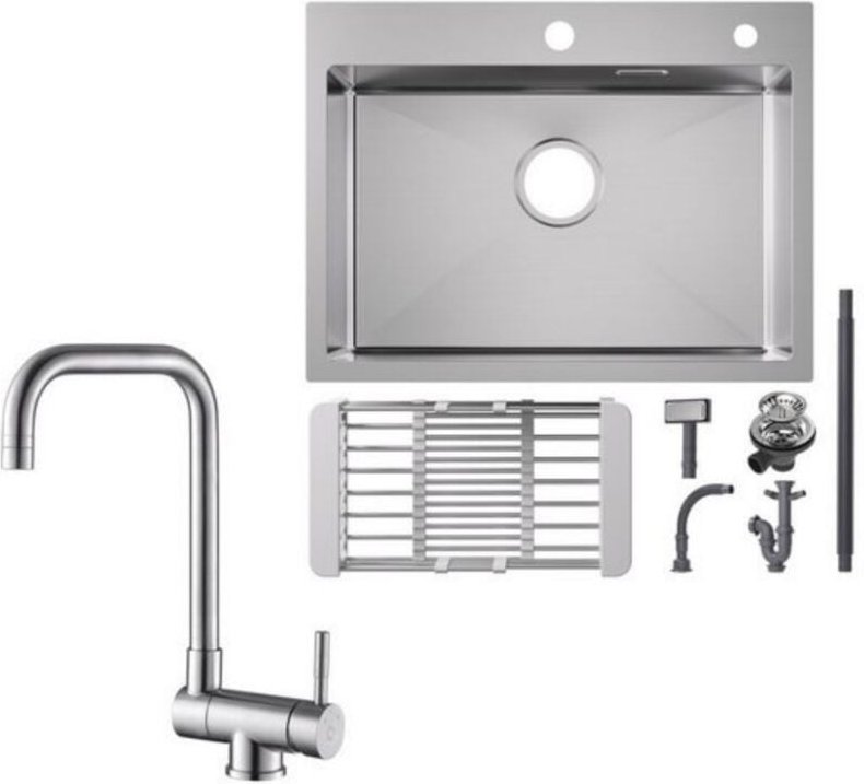 Cecipa Max - Küchenspüle aus Edelstahl 60x45cm Aufsatzwaschbecken Gebürstete + Fenster-Küchenarmatur Gebürstete Küche Wa...