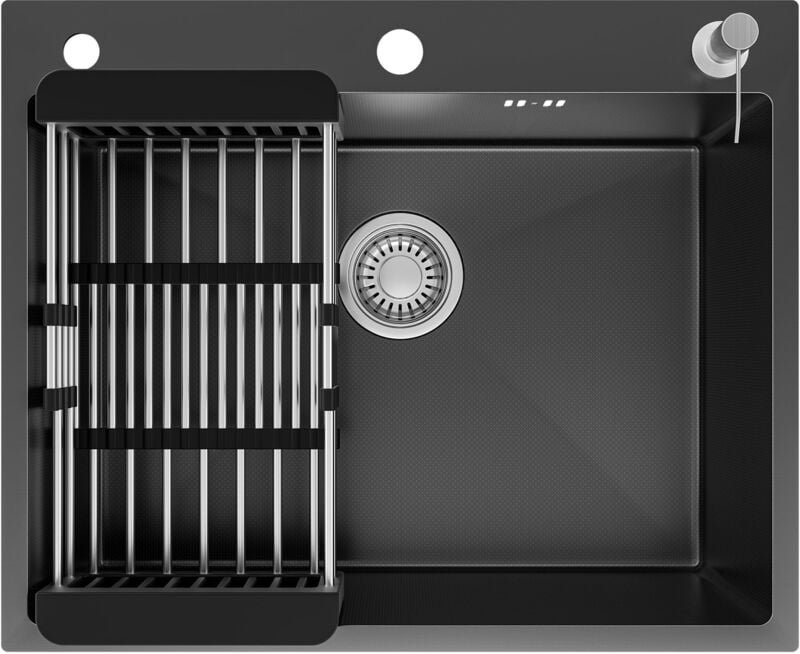 Edelstahl Küchenspüle 60 x 49 cm, Anthrazit – Einzelbecken mit Abtropfkorb und Seifenspender, großes Fassungsvermögen - ...