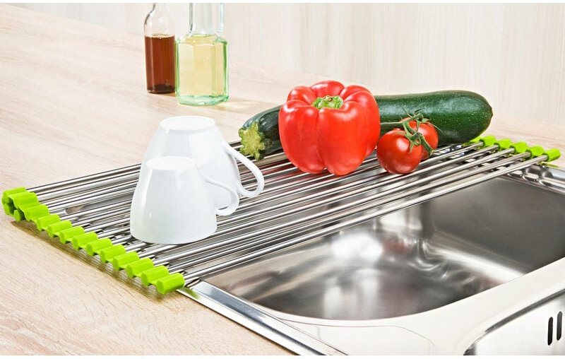 Edelstahl Abtropfgitter für die Spüle - 52 x 29 cm - aufrollbares Abtropfgestell