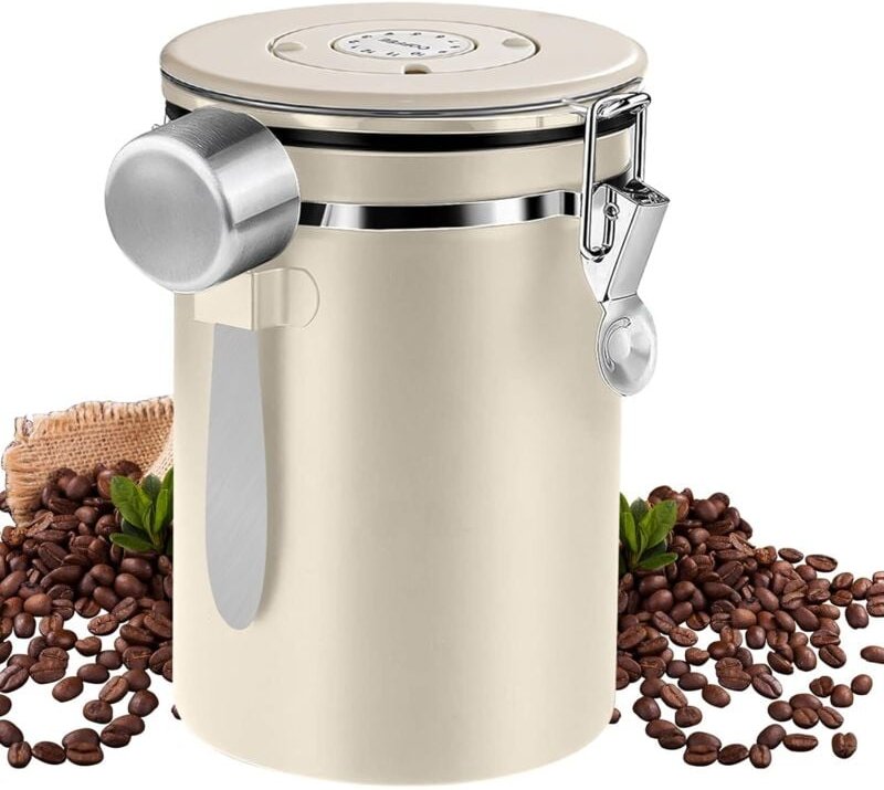Lablanc - 1,8 l luftdichter Kaffeebehälter aus Edelstahl mit Löffel, luftdichter Kaffeebehälter, mit Datumsanzeige, weiß