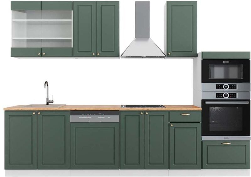 Vicco - Küchenzeile Fame-Line, Grün-Gold Landhaus/Weiß, 300 cm mit Hochschrank, ap Eiche