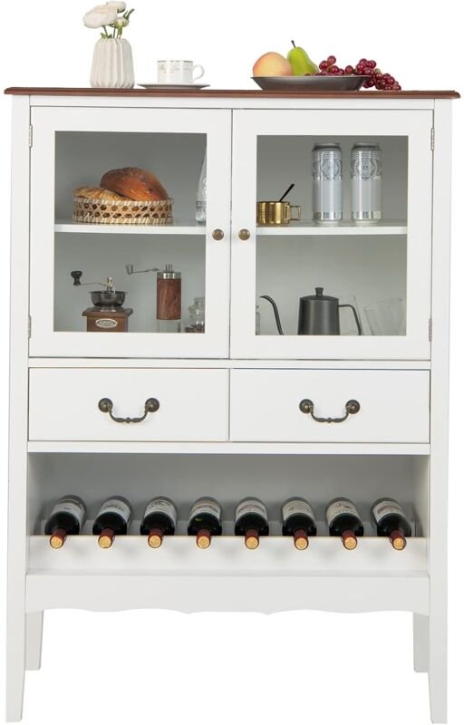 Weinschrank mit Glashalter, Buffetschrank mit Glastür & Schubladen, Küchenschrank aus Holz für Wohnzimmer & Küche - Gopl...