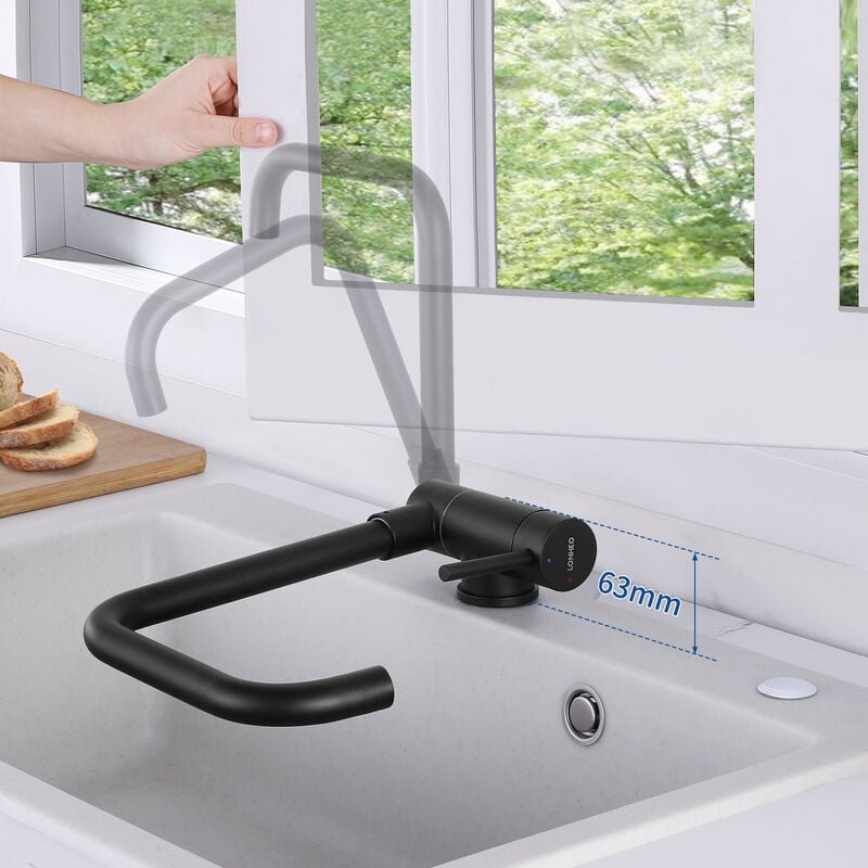 Thumbnail - Schwarz Wasserhahn Küche Umklappbar, Spültischarmatur Einhebelmischer 360° Drehbar aus Edelstahl, Vorfenster Küchenarmat...