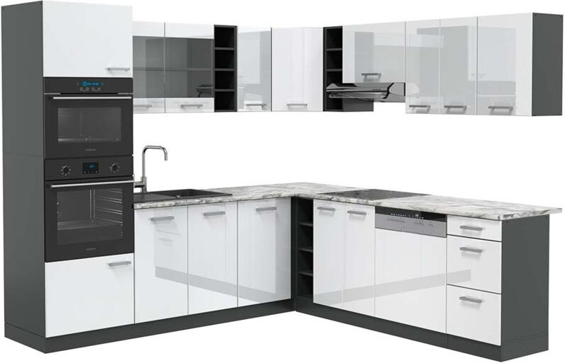 Eckküche R-Line, Weiß Hochglanz/Anthrazit, 237 x 247 cm , AP Marmor, Vicco