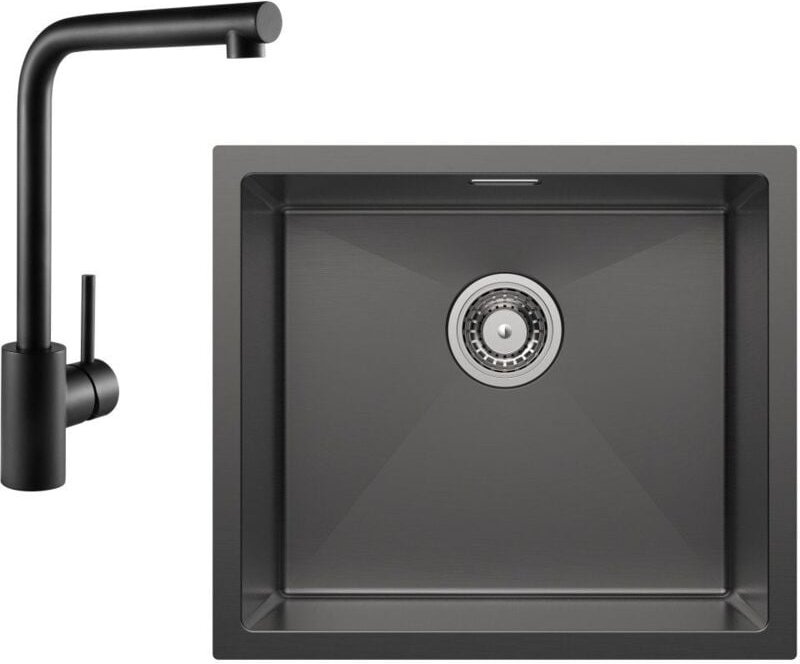 Unterbauspüle mit 1 Becken 50×44CM Edelstahlspüle Anthrazitschwarz + Schwarz Küchenarmatur 360° drehbar Einhebel-Spültis...