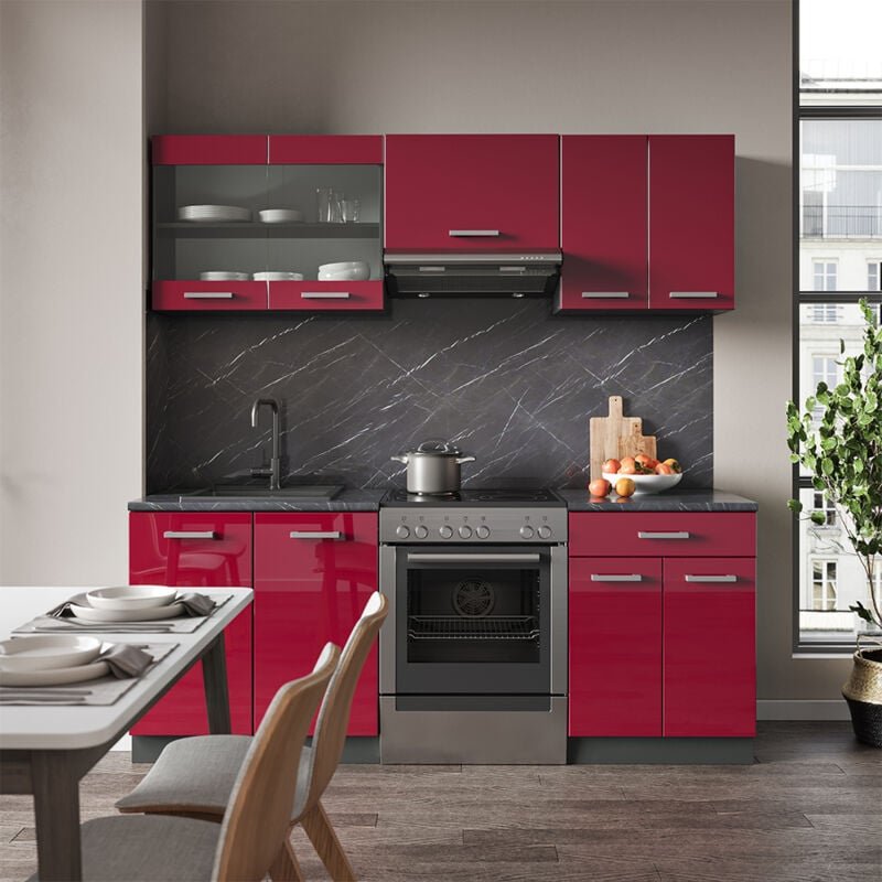 Vicco - Küchenzeile R-Line, Bordeaux Hochglanz/Anthrazit, 200 cm , ap Eiche