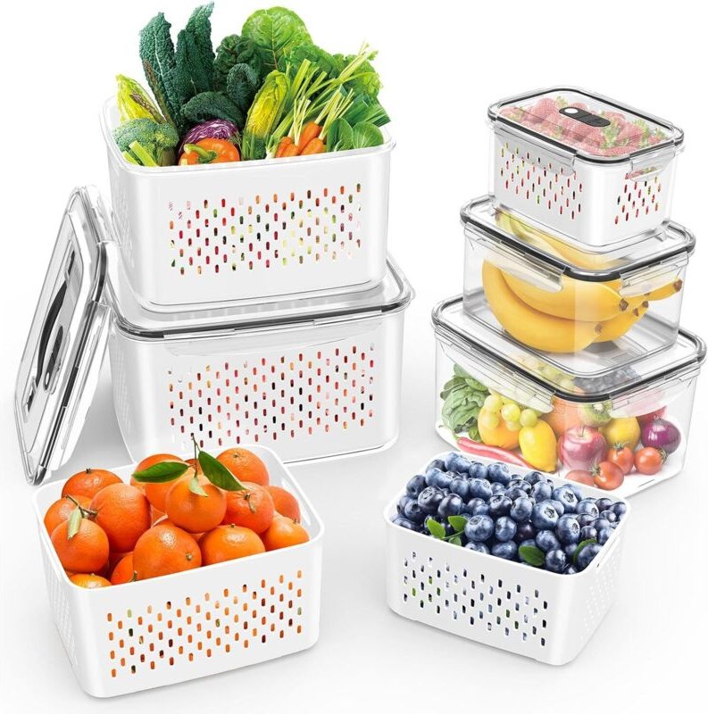 Obst-/Gemüseaufbewahrungsbehälter mit herausnehmbarem Sieb, Griff, luftdichtem Kunststoff, geeignet für Picknick/Kühlsch...