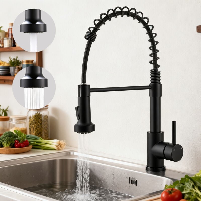 AICA Hochdruck Wasserhahn Küche Abnehmbarer Mischbatterie und Drehbarer 360° Spiralfeder Küchenarmatur Schwarz