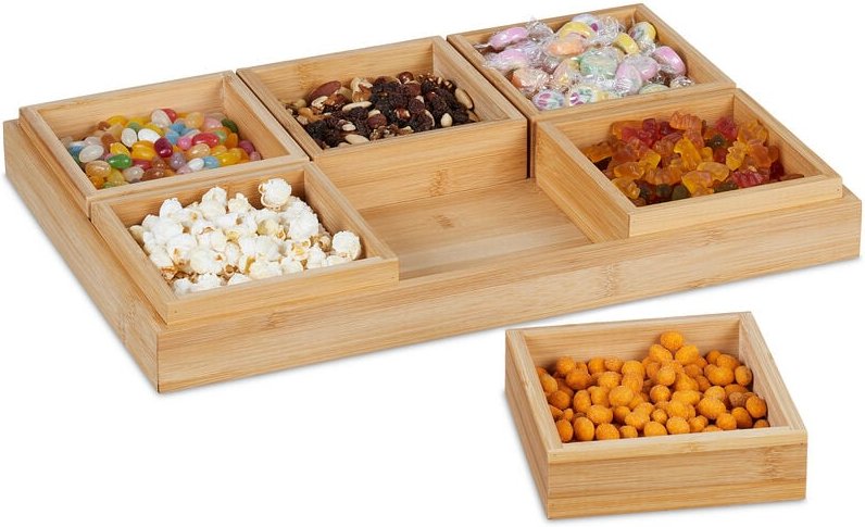 Thumbnail - Relaxdays Snackschalen Set, mit Serviertablett, Bambus, 6 Schälchen, für Chips, Nüsse & Süßigkeiten, Servierset, natur